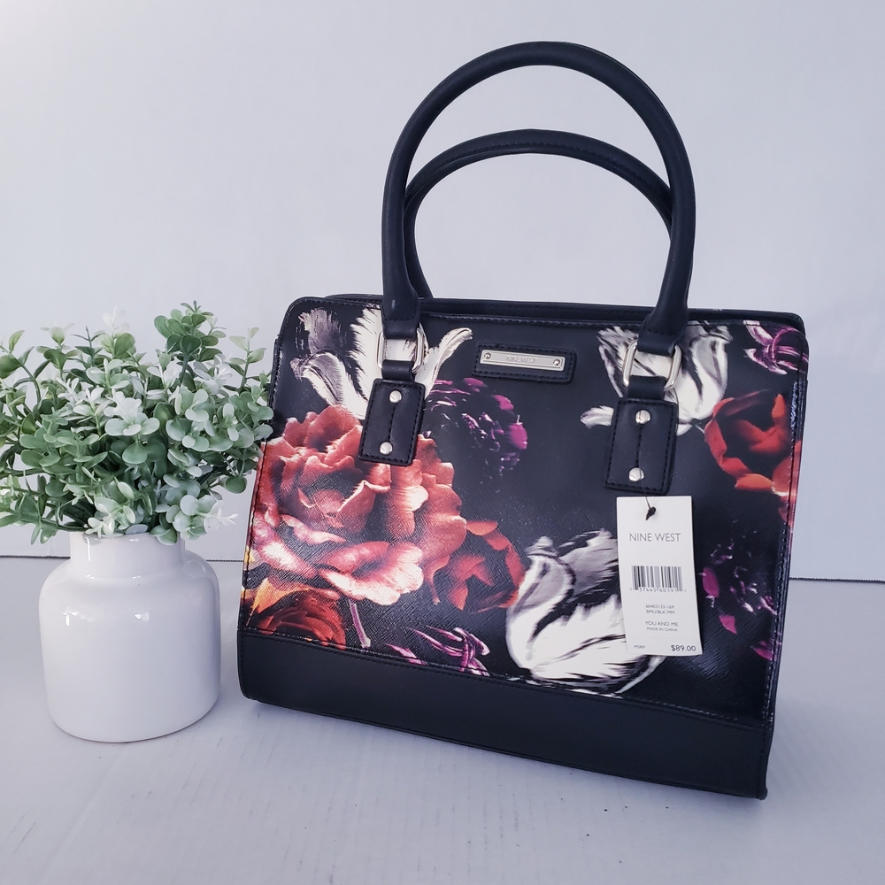 Nine West Black Floral Large Satchel Crossbody Handbag New With Tags